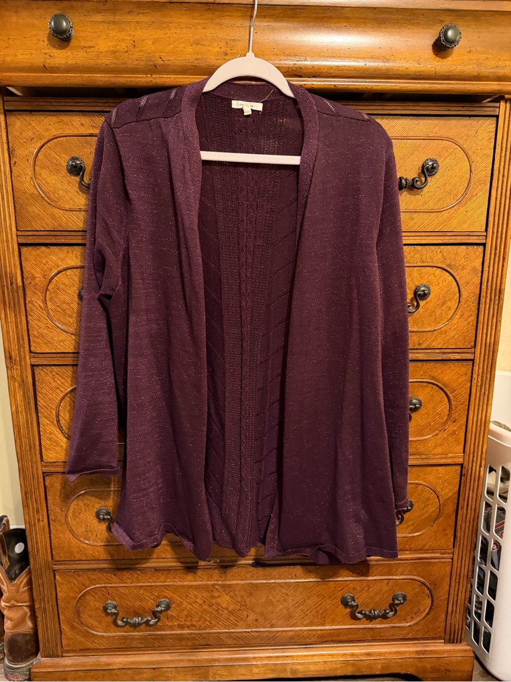Maurices Plum Metallic Open-Front Cardigan